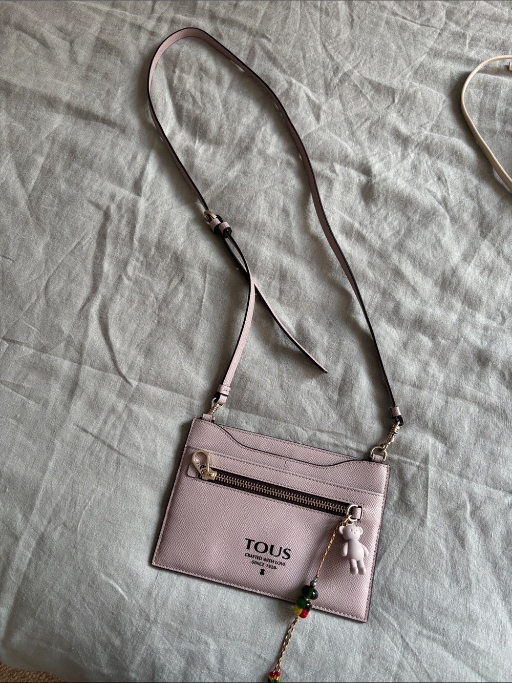 TOUS Pink Leather Crossbody Card Holder with Bear Charm